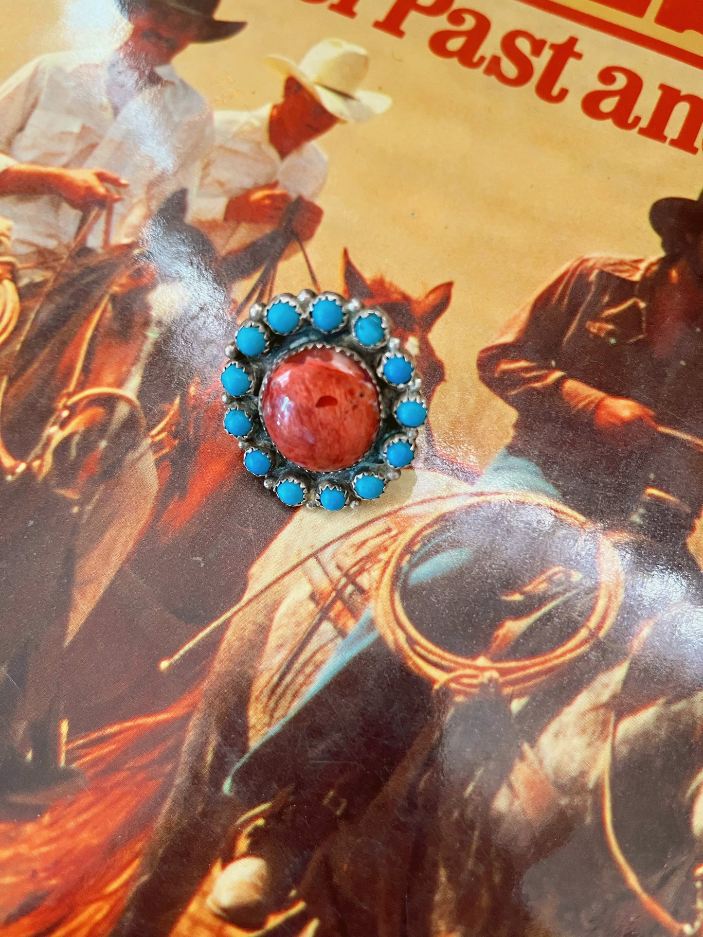 Authentic Turquoise and Coral Cluster Ring