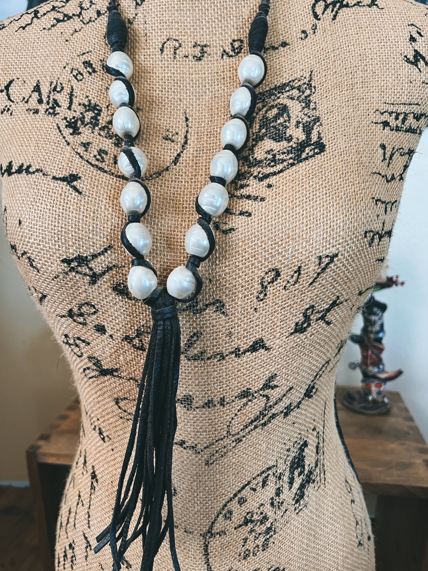 Pearl & Leather Fringe Necklace