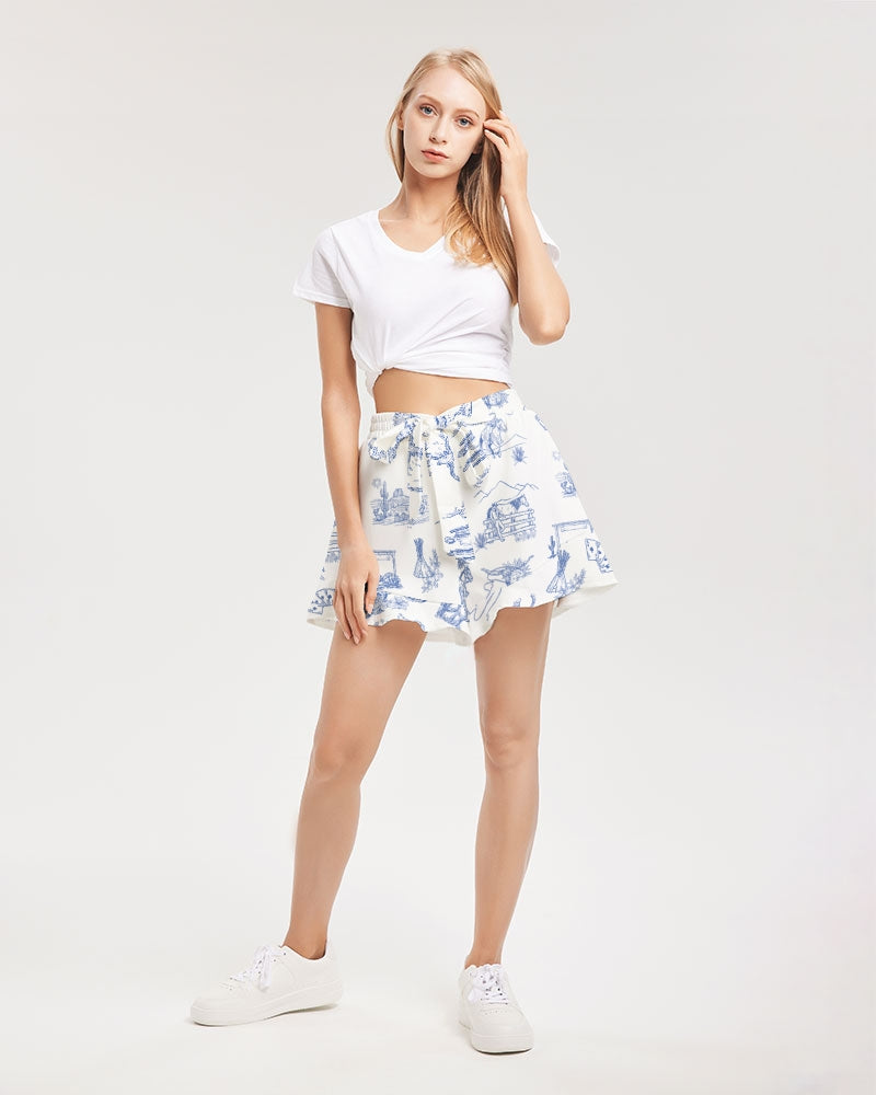Western Culture Blue Women's All-Over Print Ruffle Shorts
