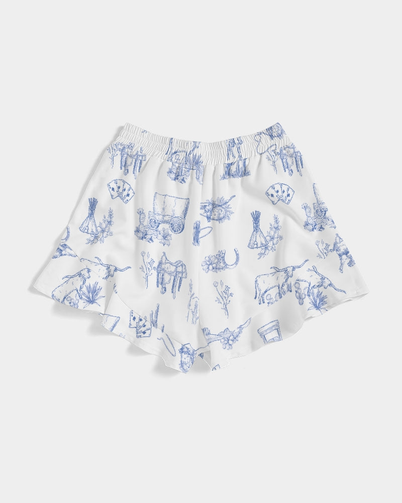 Western Culture Blue Women's All-Over Print Ruffle Shorts