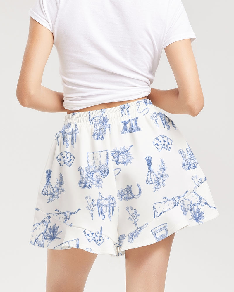Western Culture Blue Women's All-Over Print Ruffle Shorts