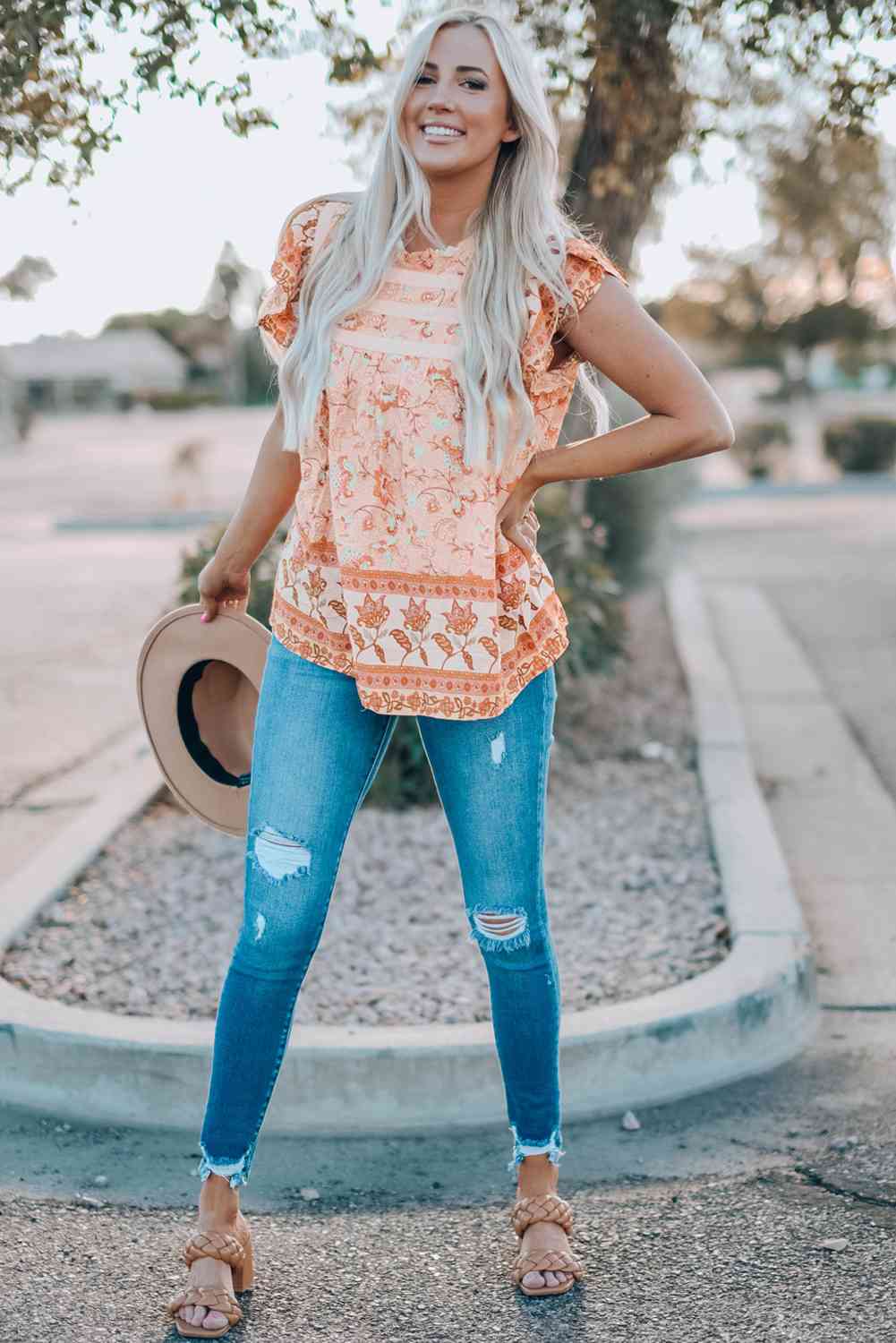 Floral Flutter Sleeve Sleeveless Blouse