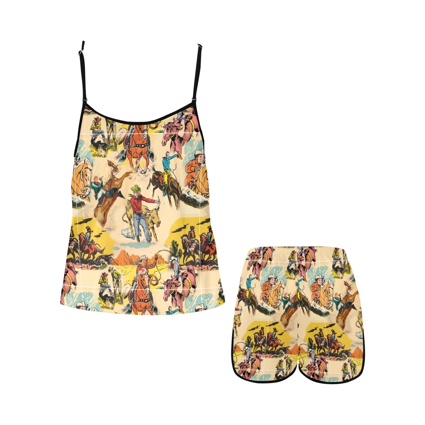 Retro Cowboy Pajama Set Women's Spaghetti Strap Cami Short Pajama Set (ModelSets 08)