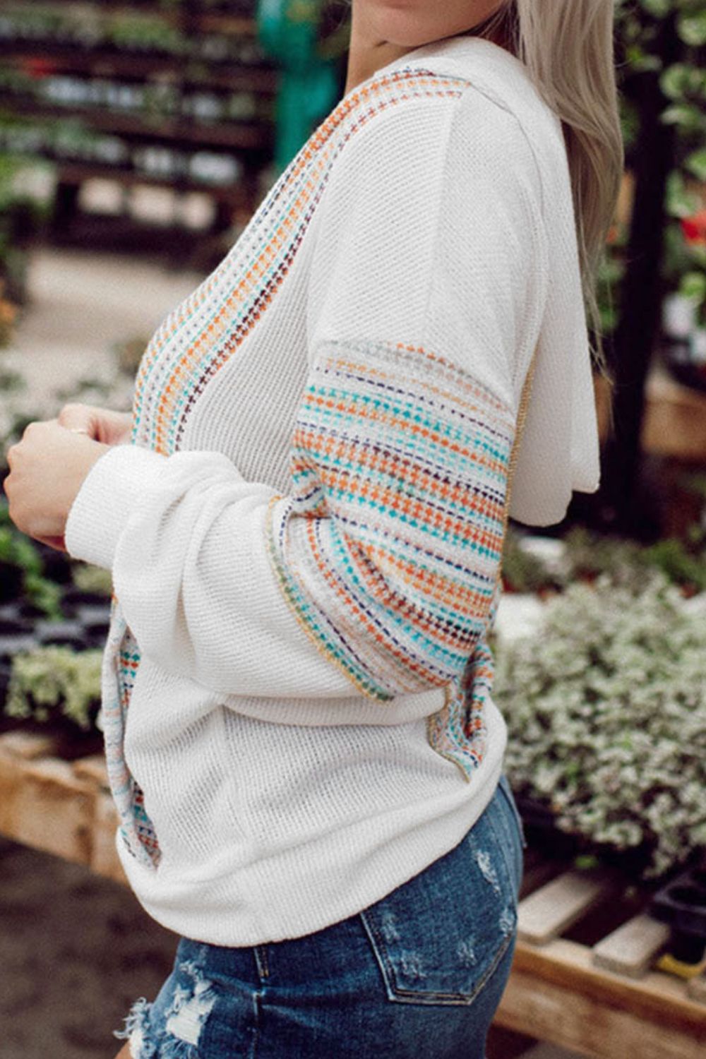 Multicolor Striped Patchwork V Neck Drop Shoulder Knit Hoodie