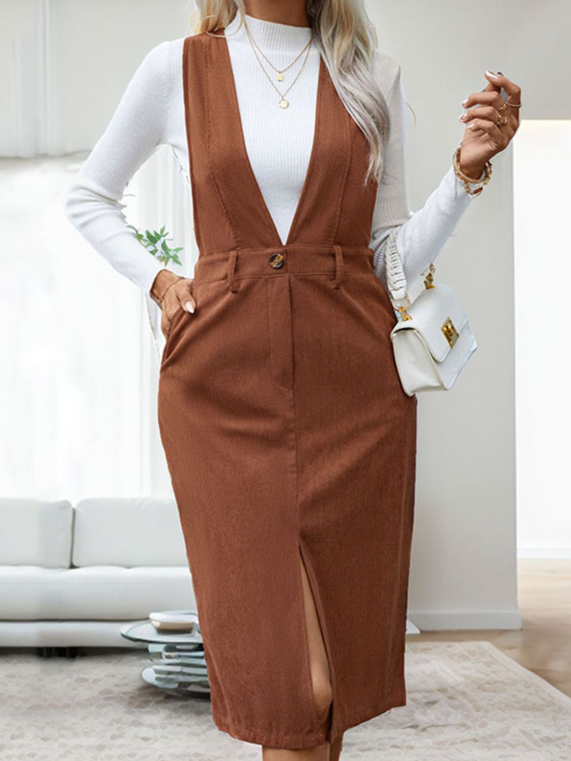 Perfee Slit Overall Dress with Pockets