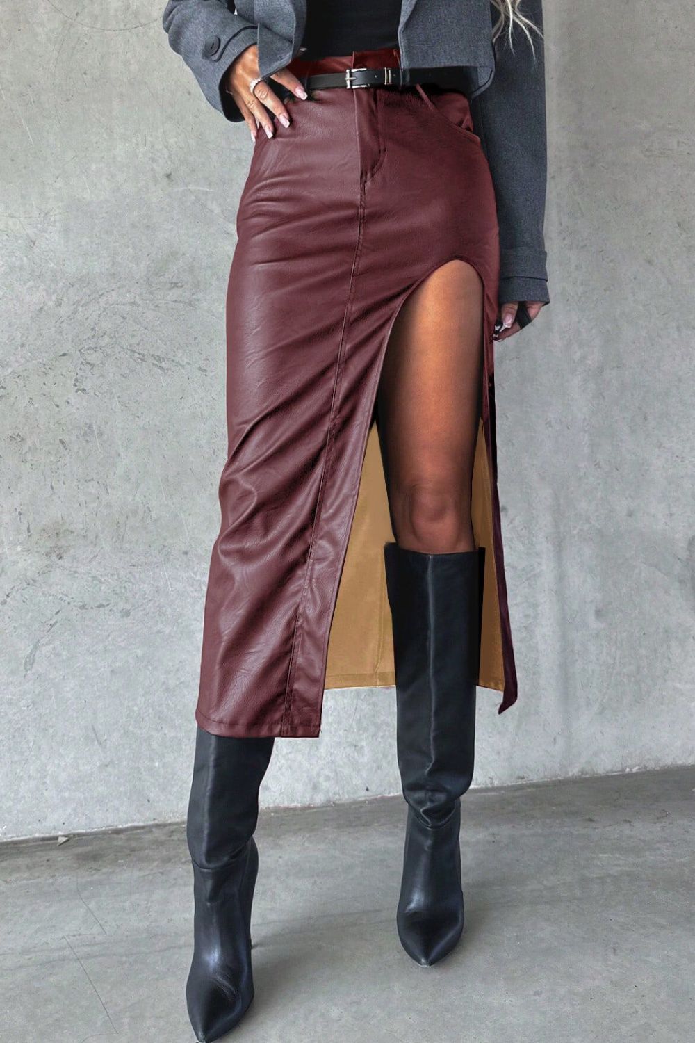 Slit Midi Skirt with Pockets