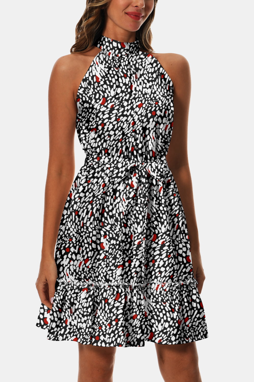 Printed Tie Waist Frill Trim Dress