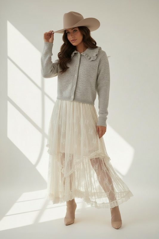 Frill Button Up Collared Neck Long Sleeve Cardigan