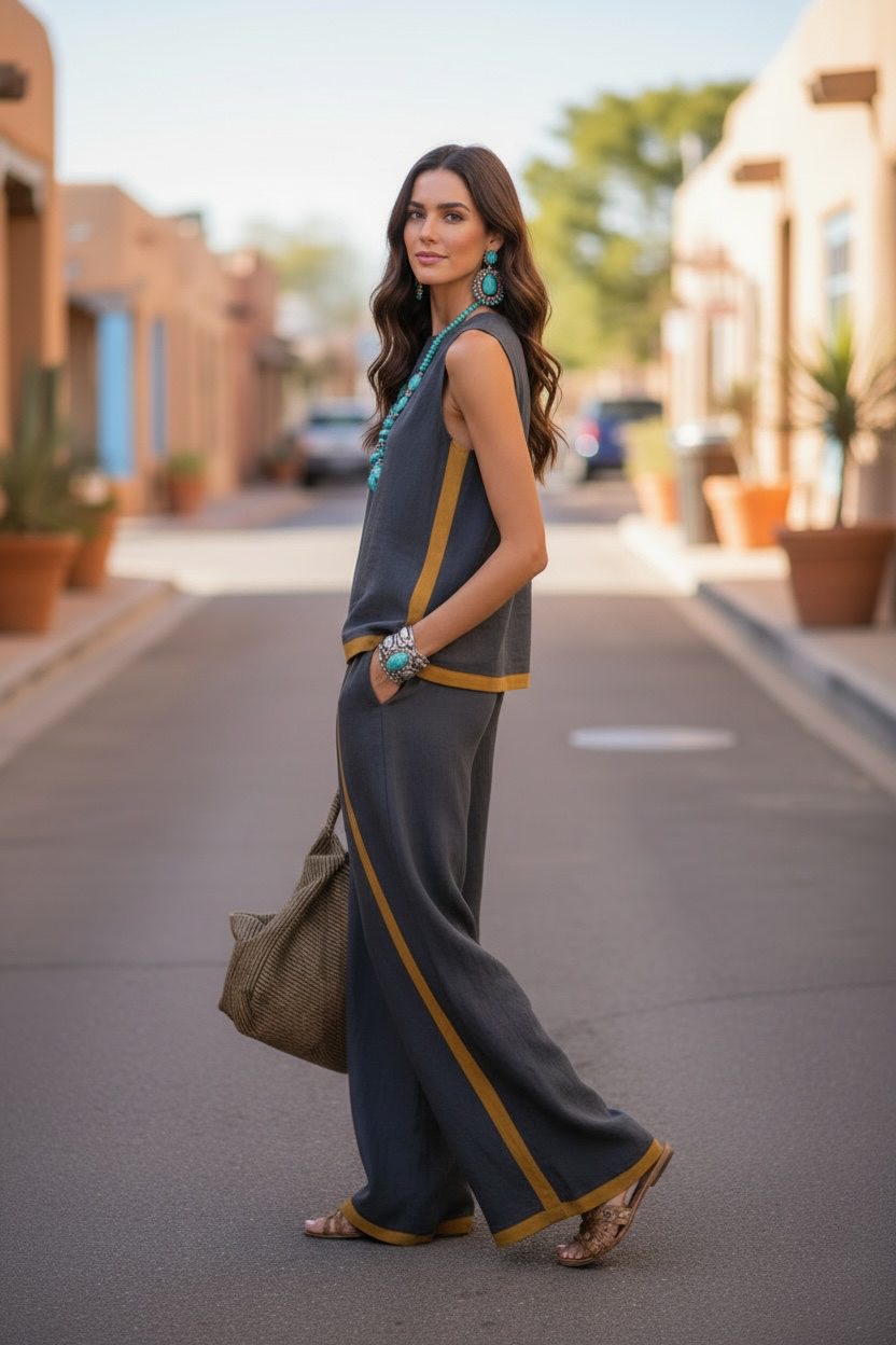 Full Size Contrast Stripe Sleeveless Top & Wide-Leg Pants Set Plus Size
