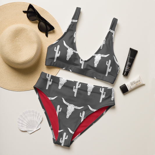 Charcoal Skull & Cactus high-waisted bikini