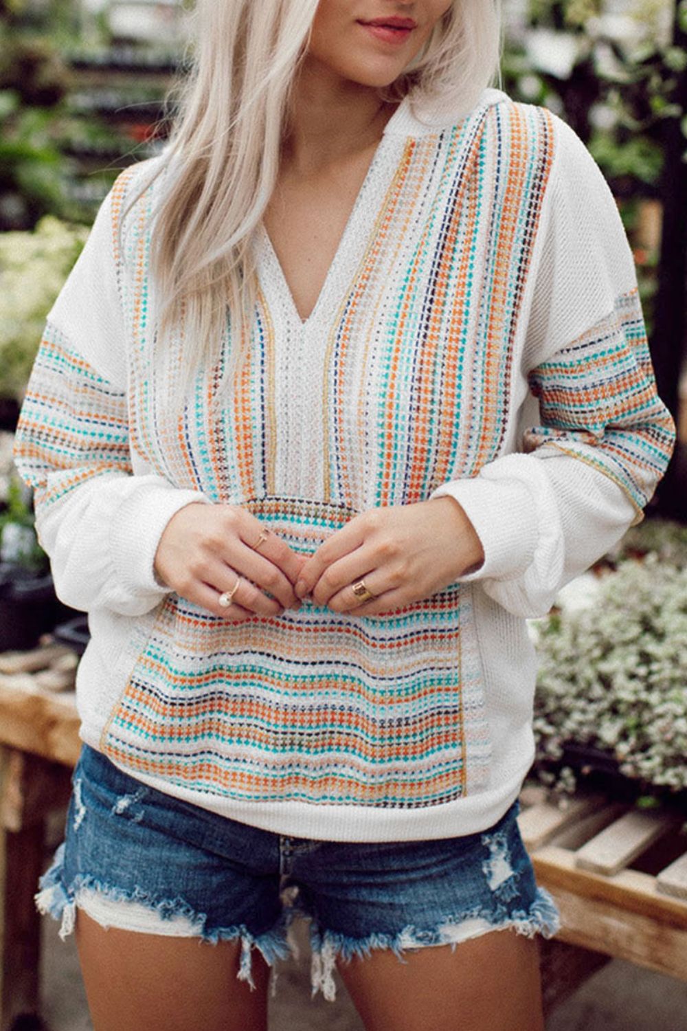 Multicolor Striped Patchwork V Neck Drop Shoulder Knit Hoodie