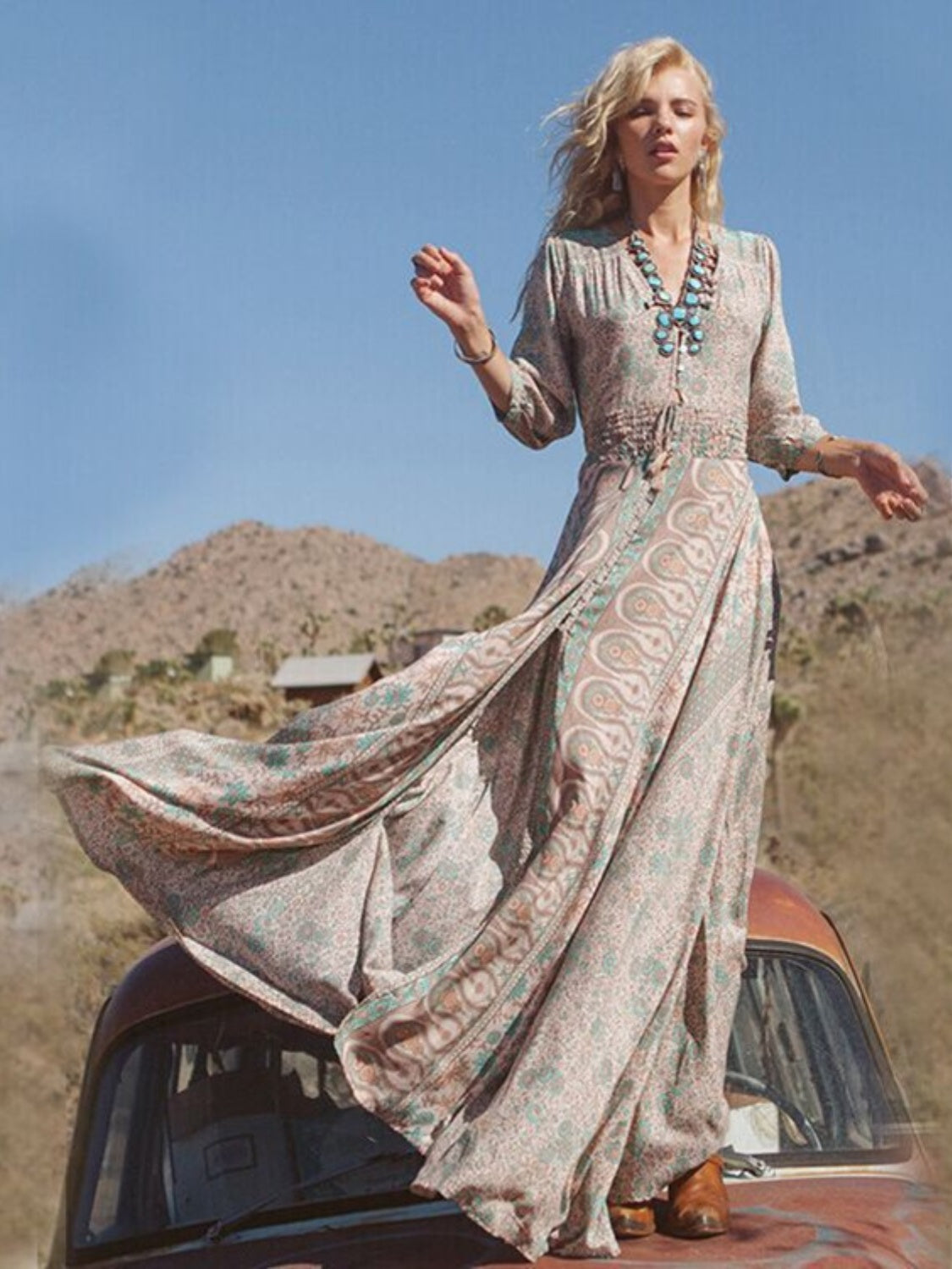 Full Size Slit Printed Three-Quarter Sleeve Dress