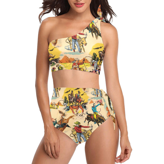 Retro Cowboy Shoulder Bikini Women's One Shoulder Bikini Set(ModelS16)