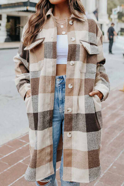 Plaid Button Up Dropped Shoulder Coat