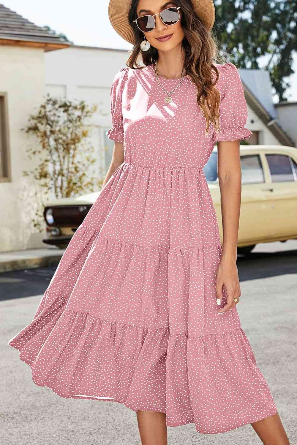 Polka Dot Short Flounce Sleeve Tiered Midi Dress