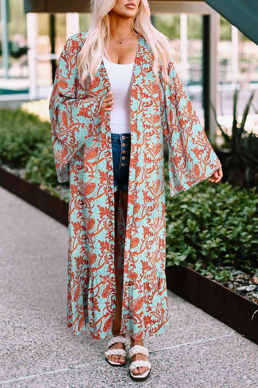 Printed Open Front Duster Cardigan