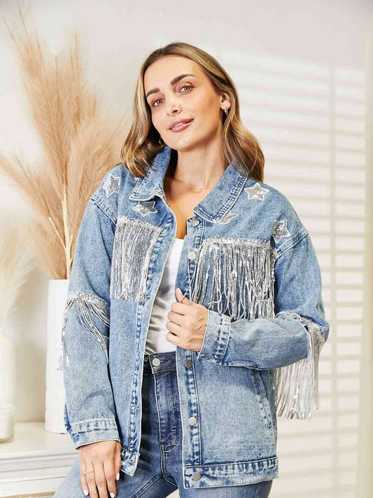 Fringe Detail Long Sleeve Denim Jacket