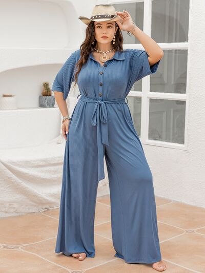 Plus Size Ribbed Half Button Tie-Waist Jumpsuit