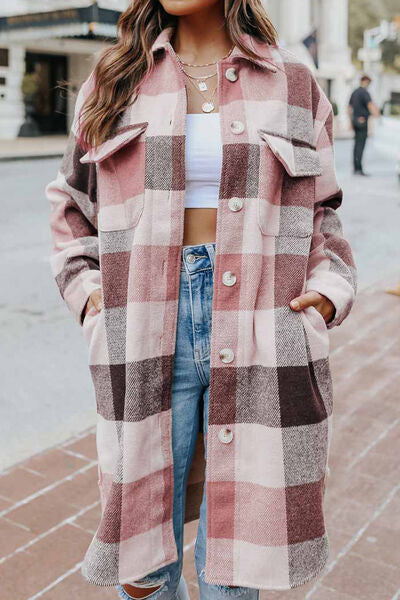 Plaid Button Up Dropped Shoulder Coat