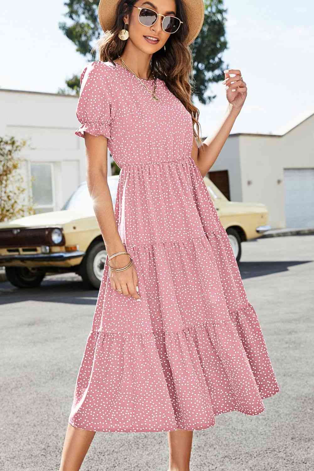 Polka Dot Short Flounce Sleeve Tiered Midi Dress