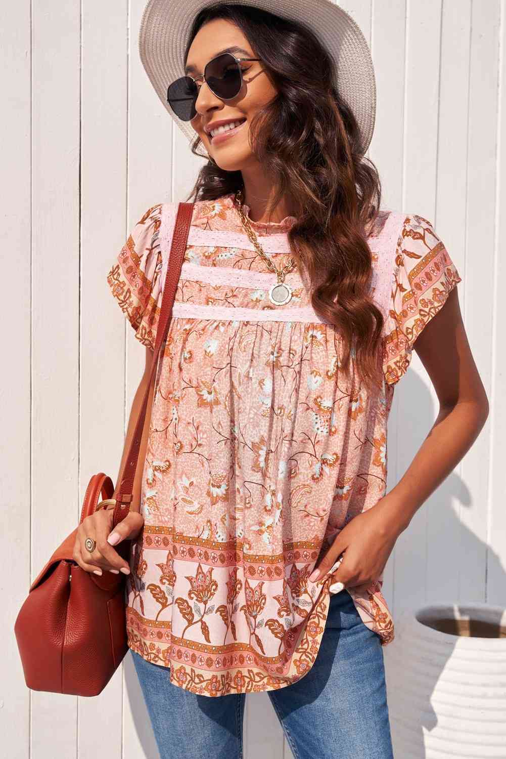 Floral Flutter Sleeve Sleeveless Blouse