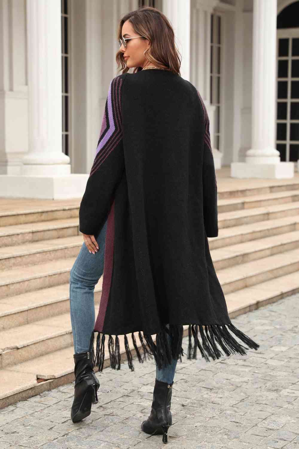 Double Take Geometric Fringe Hem Open Front Duster Cardigan