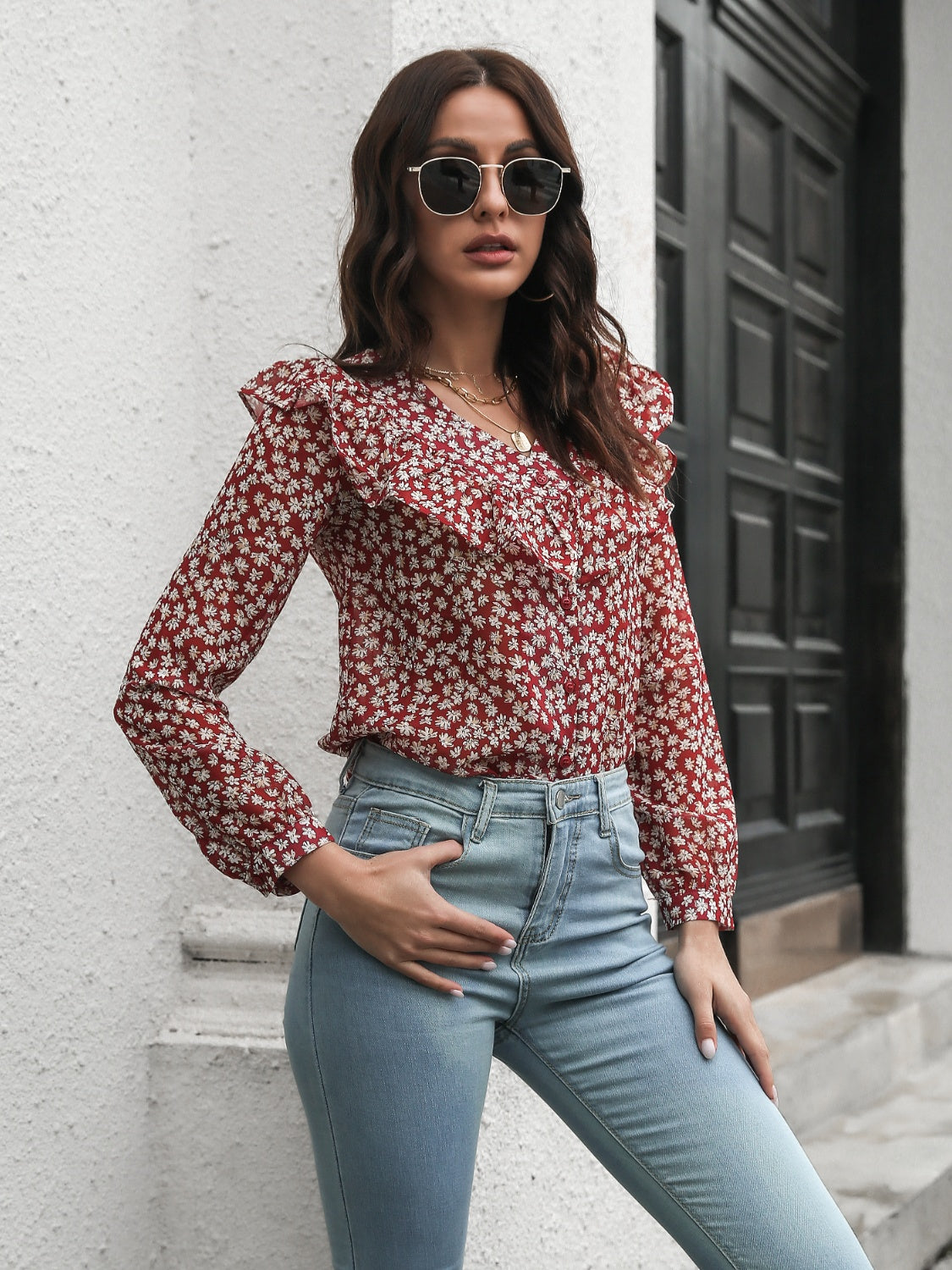 Printed Statement Collar Long Sleeve Blouse