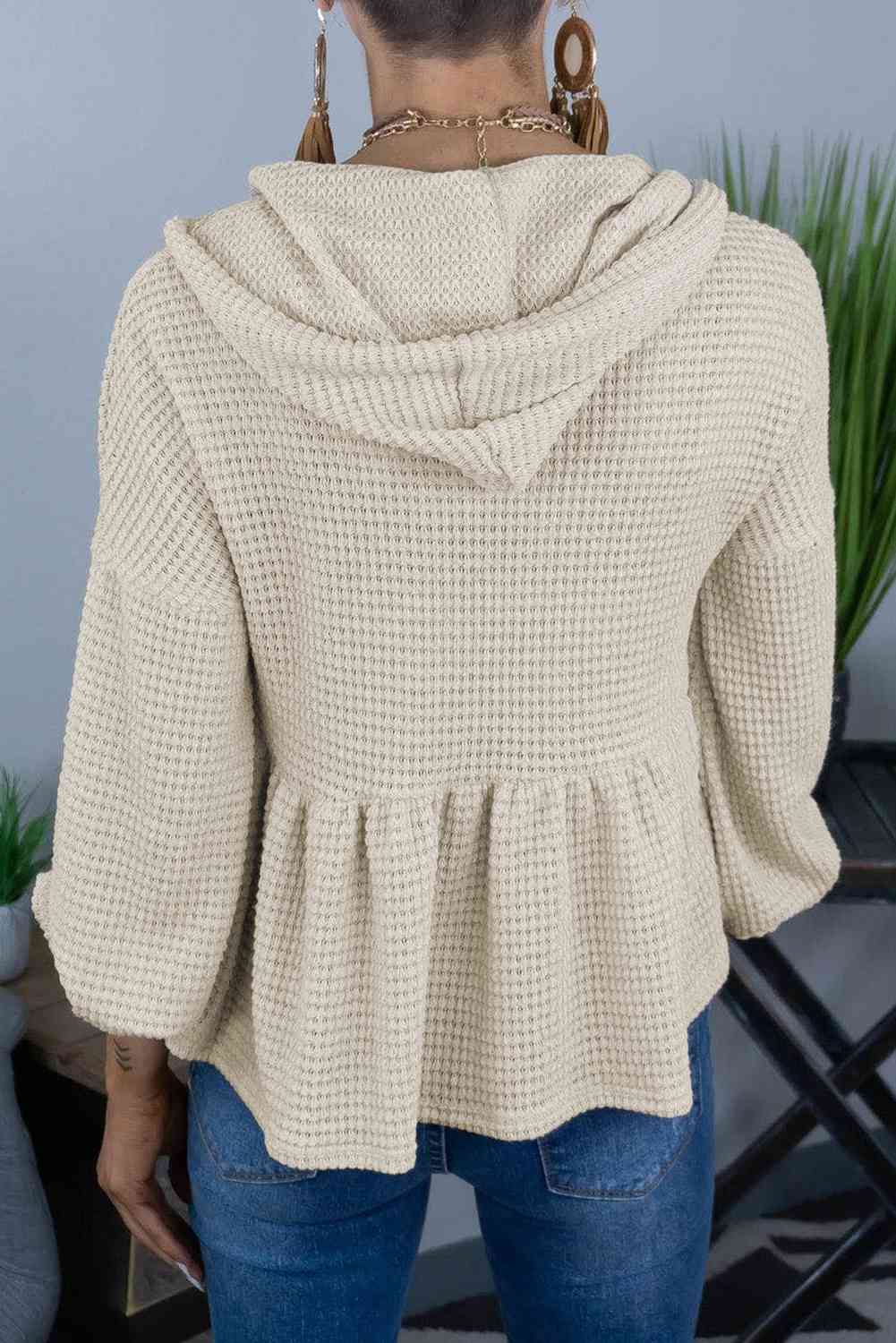 Full Size Buttoned Waffle-Knit Dropped Shoulder Hoodie