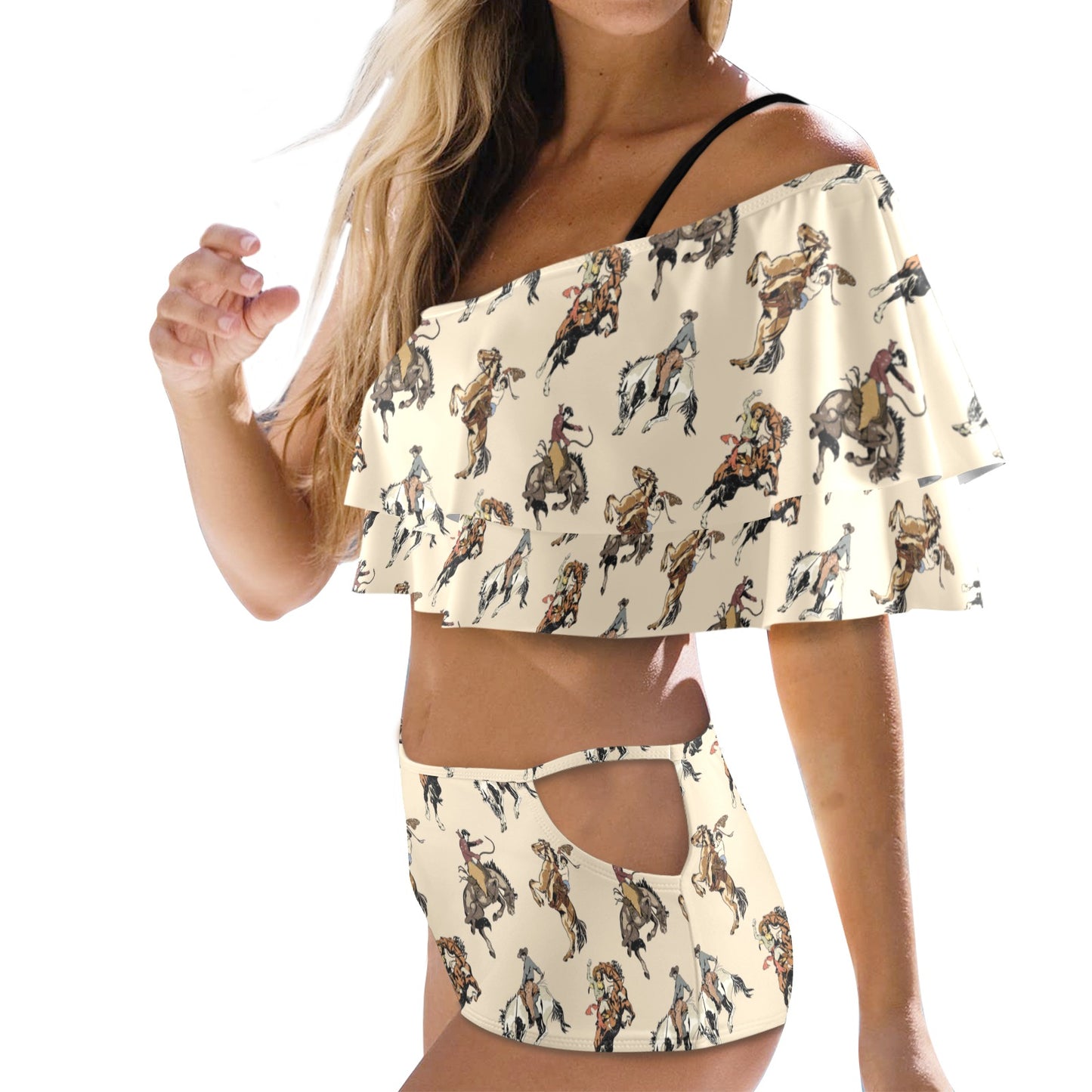 Vintage Broncs Ruffle off Shoulder Swimsuit