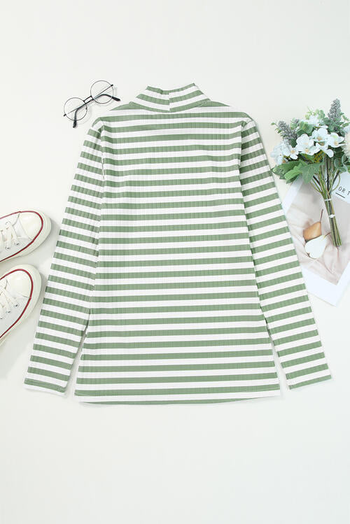 Double Take Striped Mock Neck Long Sleeve Top