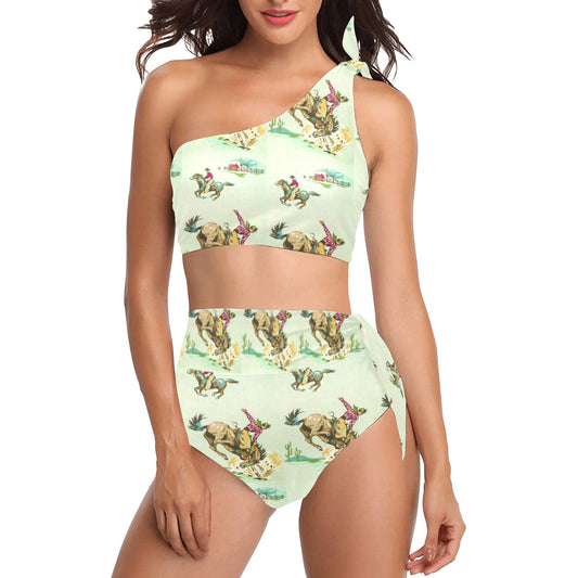 Retro West Shoulder Tie Bikini Women's One Shoulder Bikini Set(ModelS16)